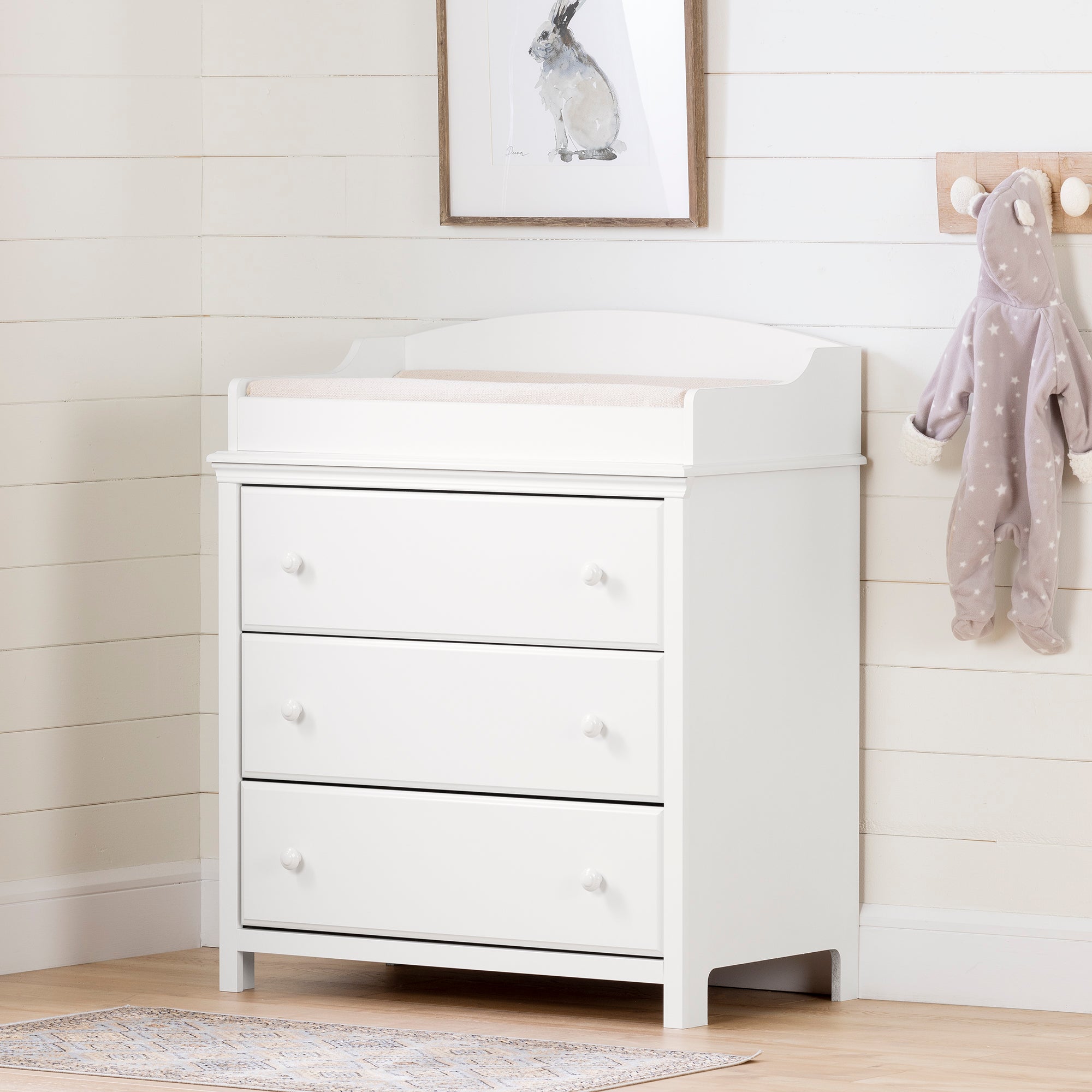 Table à Langer Avec Commode 3 Tiroirs - Meuble Bébé Blanc, Rangement Spacieux, Sécurité Anti-basculement - Facile à Assembler
