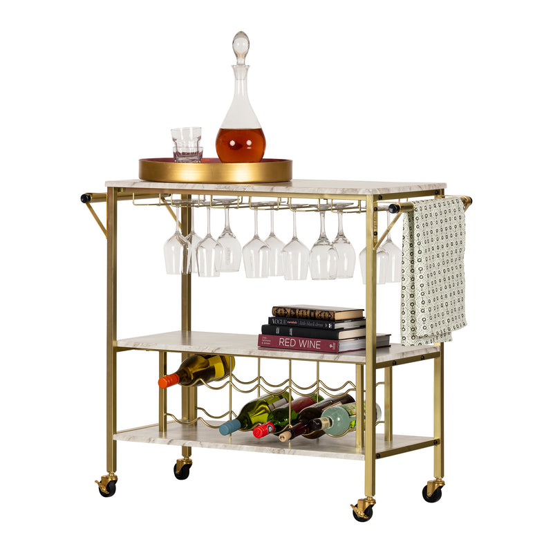 Bar Cart with Wine Bottle Storage and Wine Glass Rack  Maliza Faux Marble and Gold 12804