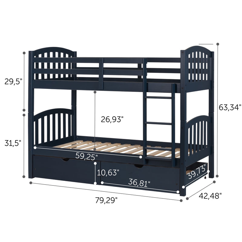 Lit superposé en bois massif avec tiroirs de rangement 39"/39" Ulysses - Myrtille