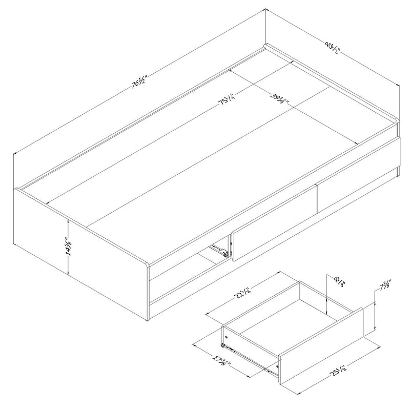 Mates Bed with 3 Drawers Simple 39'' Tiara Pure White 3650212