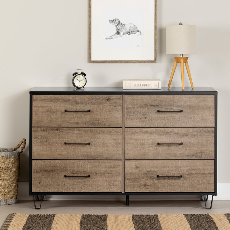 Bureau double 6 tiroirs Arlen - Chêne vieilli et Noir mat