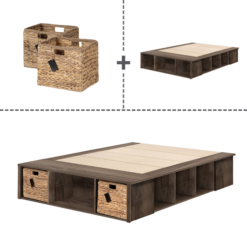 Lit avec paniers de rangement double 54" Avilla - Chêne d'automne