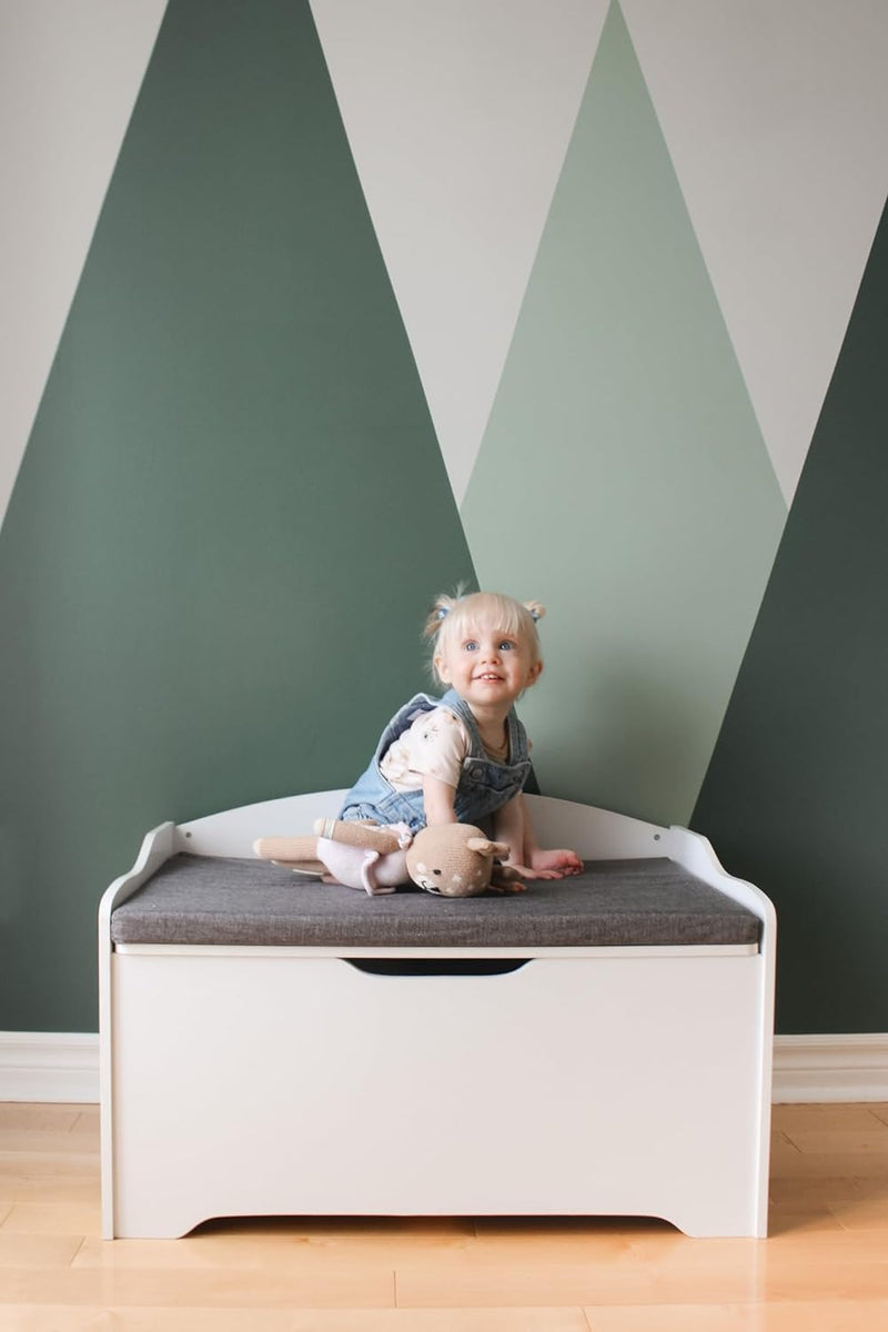 Coffre à jouets blanc avec coussin gris