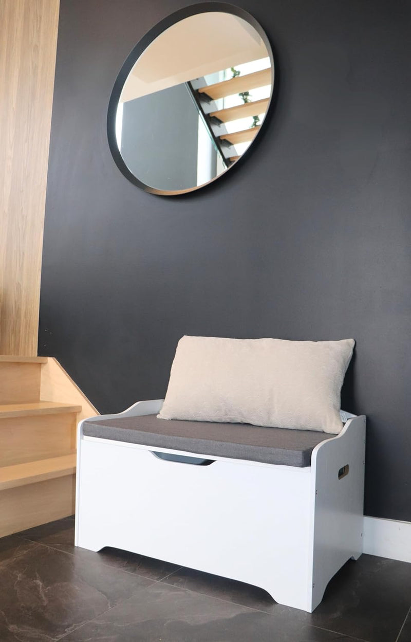 Coffre à jouets blanc avec coussin gris