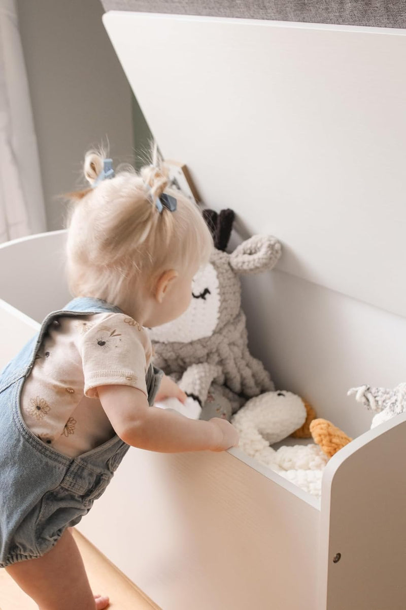 Coffre à jouets blanc avec coussin gris