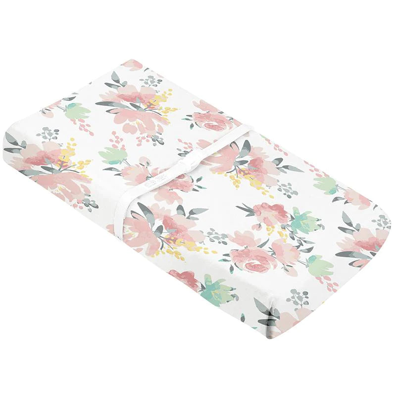 Housse pour matelas à langer percale avec ouverture pour sangles - Fleurs à l'aquarelle