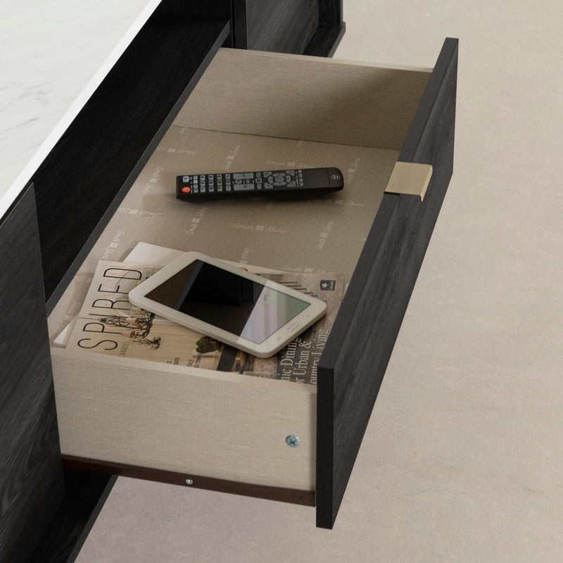 Meuble TV avec portes et tiroir 75" Hype - Chêne gris et faux marbre carrara