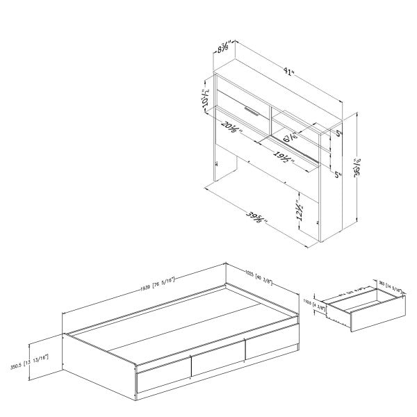 Ensemble lit matelot et tête de lit bibliothèque Fynn - Chêne Gris