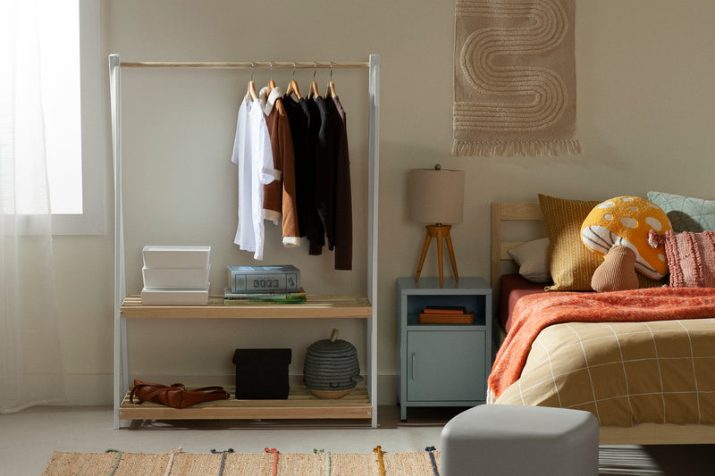 Sweedi-Garde-robe avec étagères de rangement-Blanc et Naturel