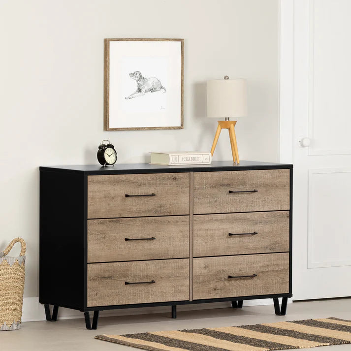 Bureau double 6 tiroirs Arlen - Chêne vieilli et Noir mat