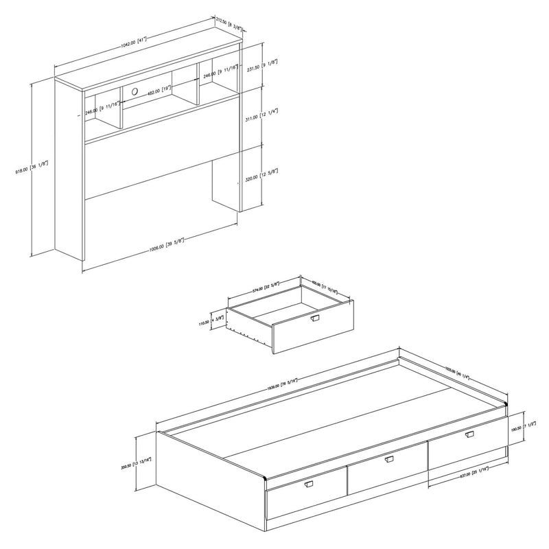 Ensemble lit matelot et tête de lit bibliothèque simple 39" Spark - Blanc