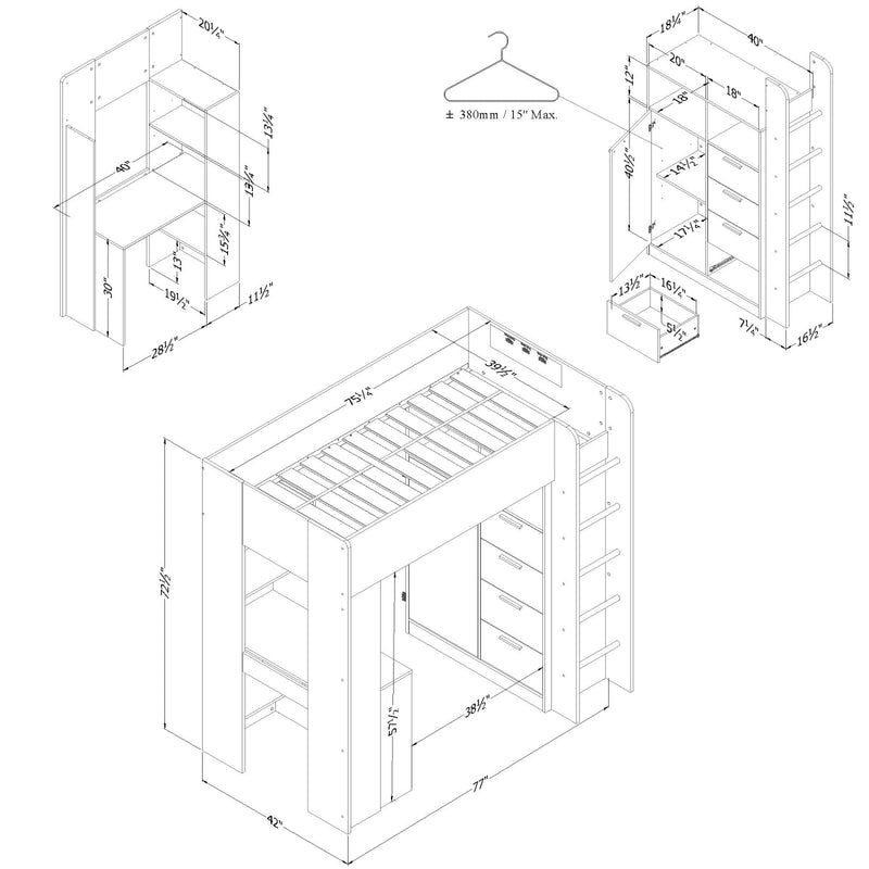 Lit mezzanine avec bureau simple 39" Logik - Frêne naturel