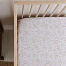 Printed Cotton Crib Fitted Sheet – Spring (floral) in use