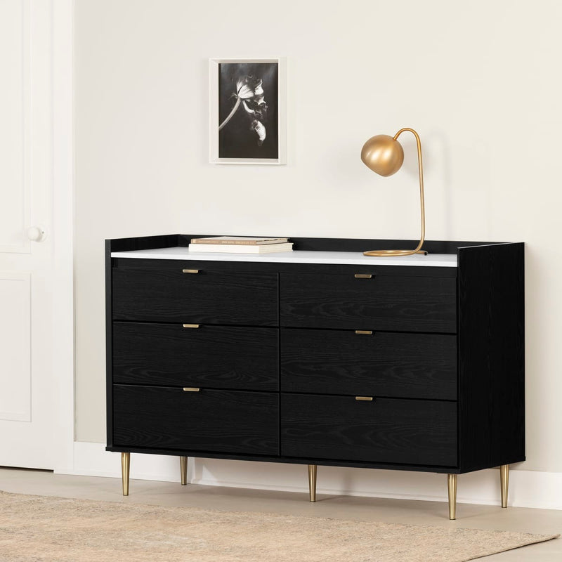 Bureau double 6 tiroirs Hype - Chêne noir et faux marbre carrara