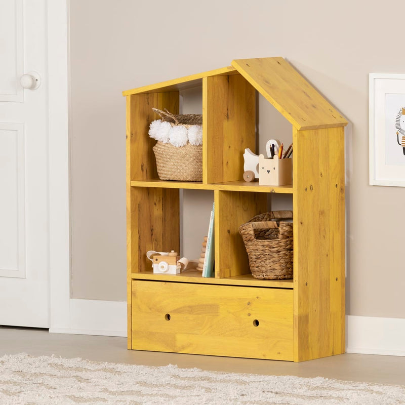 Bibliothèque maison en bois massif avec bac de rangement Sweedi - Jaune