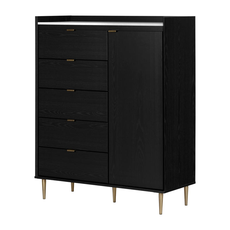 Commode à porte 5 tiroirs Hype - Chêne noir et faux marbre carrara