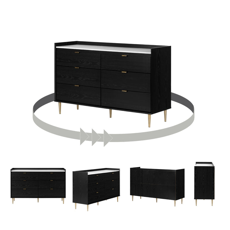 Bureau double 6 tiroirs Hype - Chêne noir et faux marbre carrara