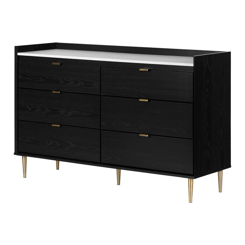 Bureau double 6 tiroirs Hype - Chêne noir et faux marbre carrara
