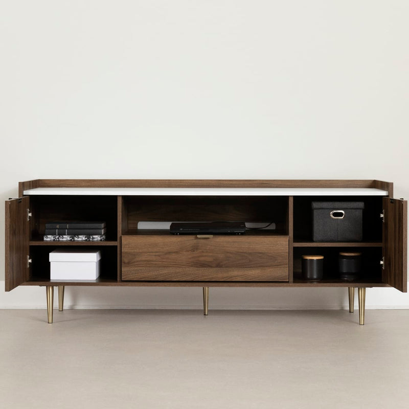 Meuble TV avec portes et tiroir 75" Hype - Noyer naturel et faux marbre carrara