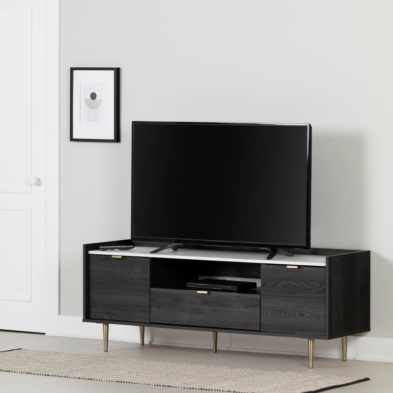 Meuble TV avec portes et tiroir 75" Hype - Chêne gris et faux marbre carrara
