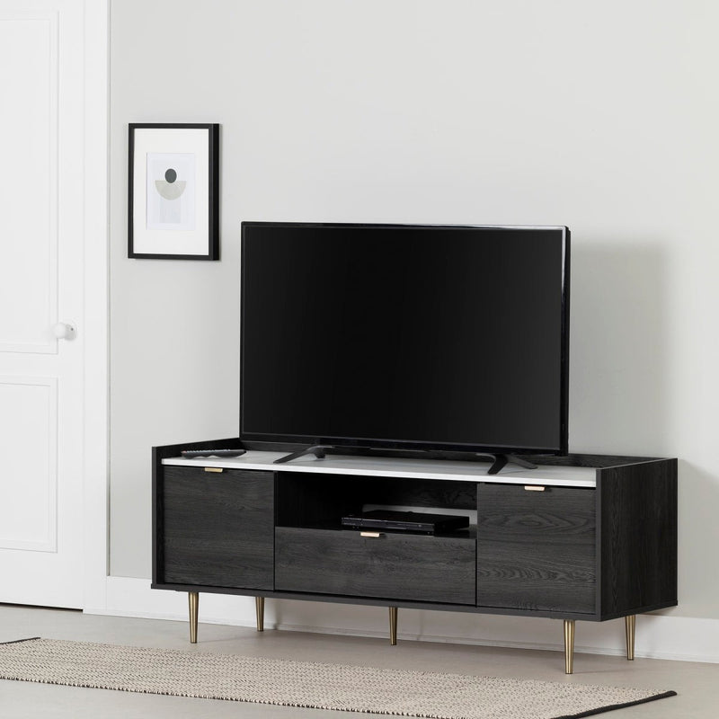 Meuble TV avec portes et tiroir Hype - Chêne gris et faux marbre carrara