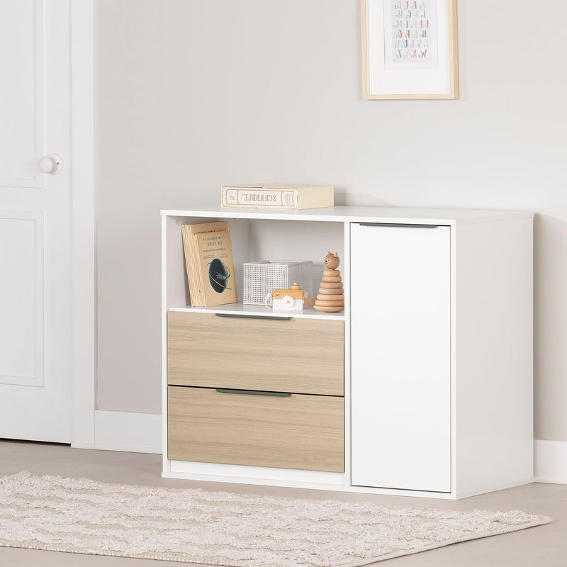 Commode à porte 2 tiroirs Hourra - Orme naturel et Blanc