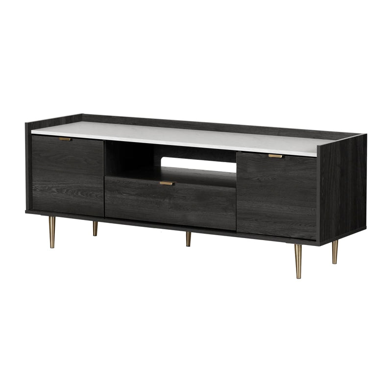 Meuble TV avec portes et tiroir 75" Hype - Chêne gris et faux marbre carrara