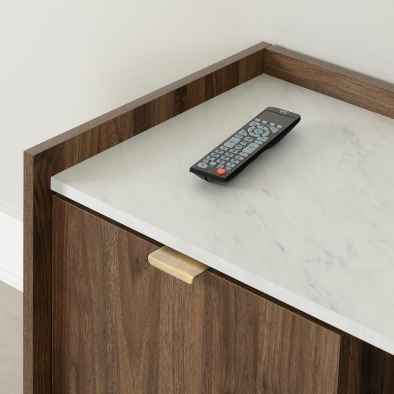 Meuble TV avec portes et tiroir Hype - Noyer naturel et faux marbre carrara