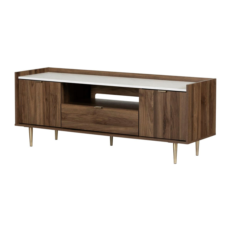 Meuble TV avec portes et tiroir 75" Hype - Noyer naturel et faux marbre carrara