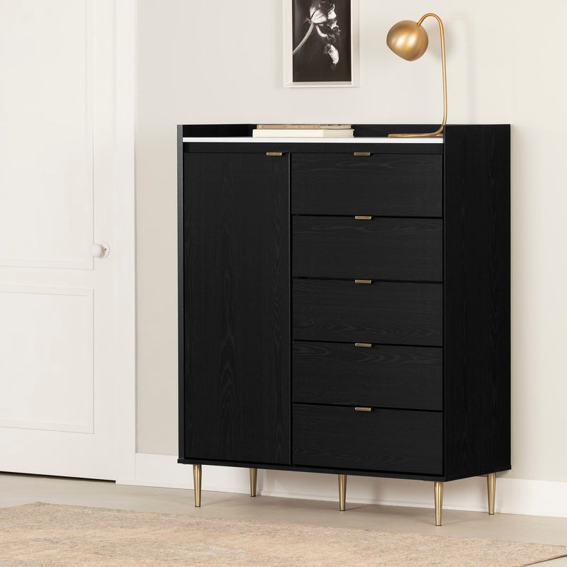 Commode à porte 5 tiroirs Hype - Chêne noir et faux marbre carrara