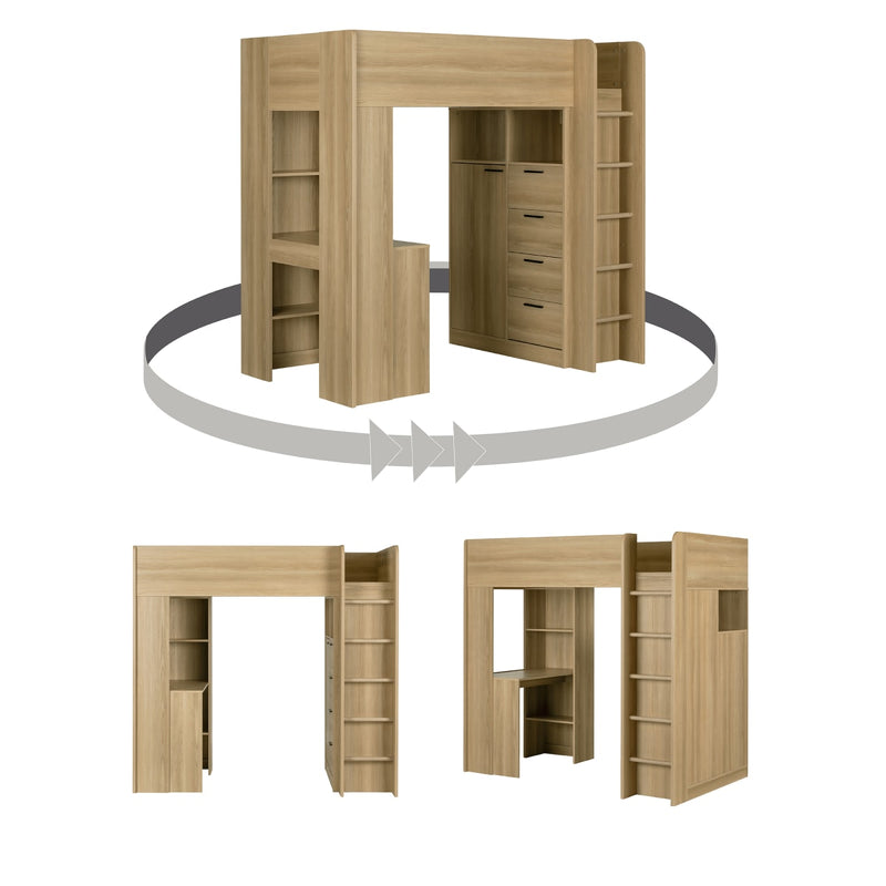 Lit mezzanine avec bureau simple 39" Logik - Frêne naturel