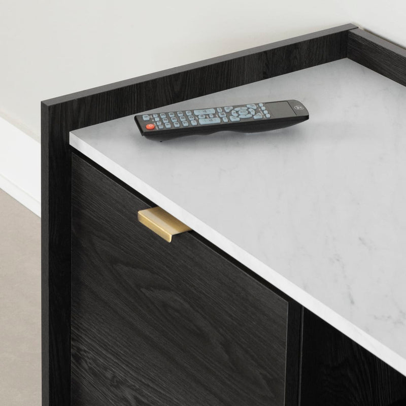 Meuble TV avec portes et tiroir 75" Hype - Chêne gris et faux marbre carrara