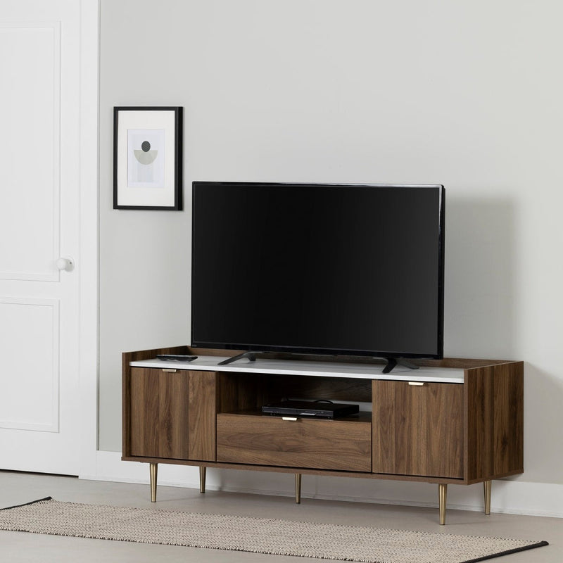 Meuble TV avec portes et tiroir 75" Hype - Noyer naturel et faux marbre carrara