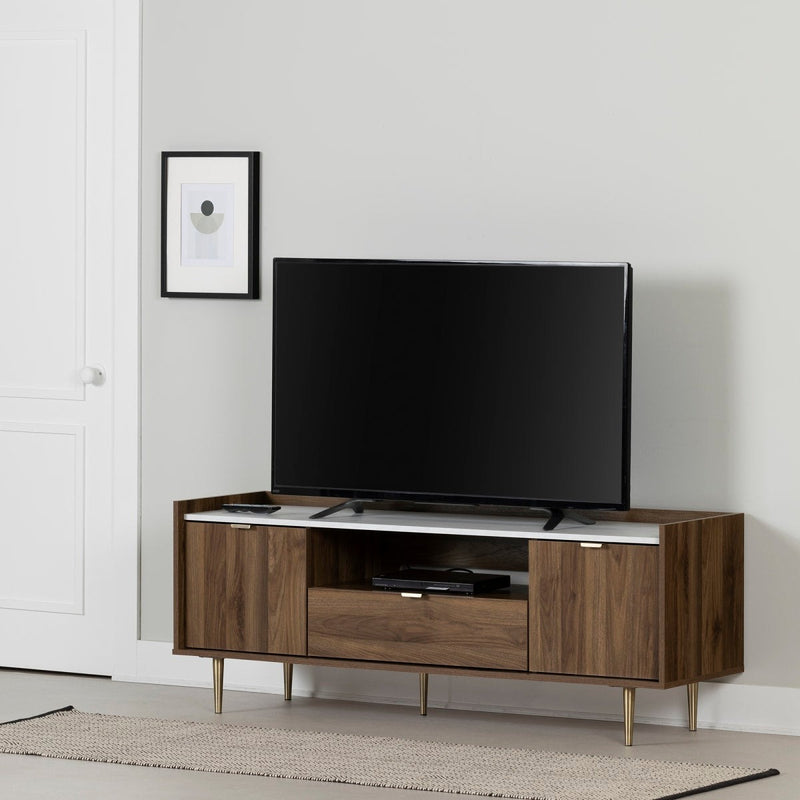 Meuble TV avec portes et tiroir Hype - Noyer naturel et faux marbre carrara