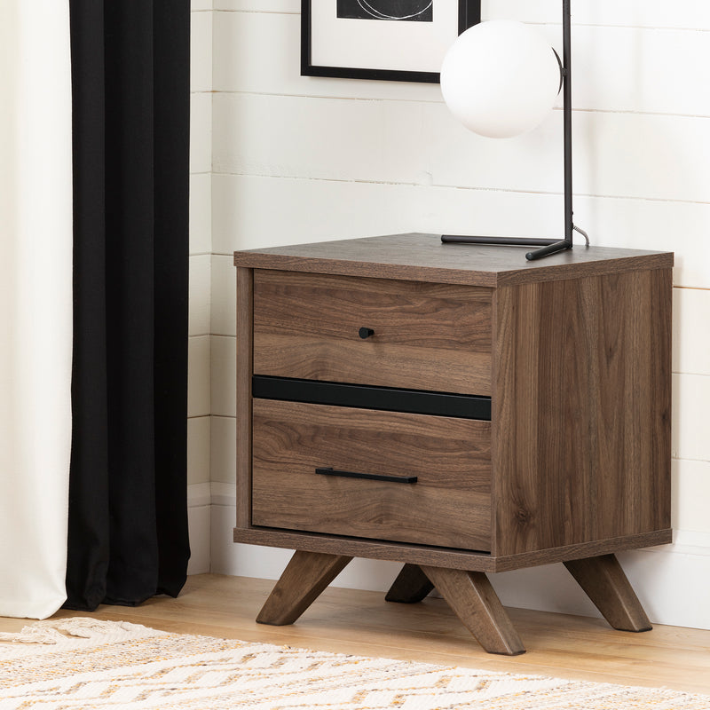 Table de chevet 2 tiroirs Flam - Noyer naturel et Noir mat