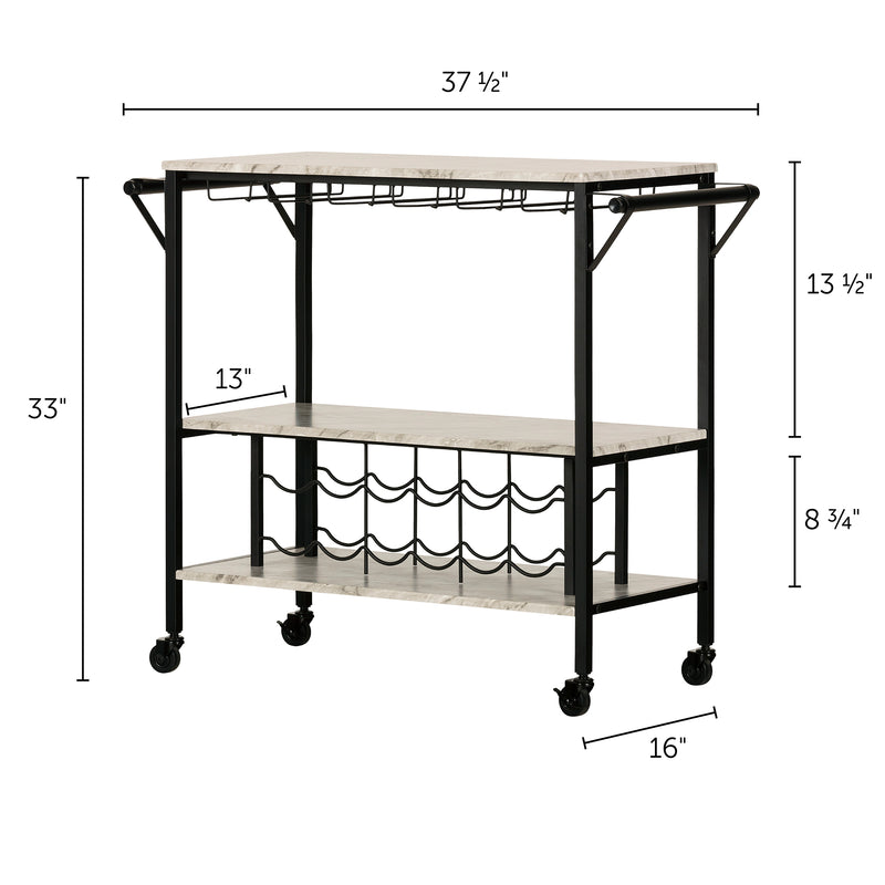 Bar Cart with Wine Bottle Storage and Wine Glass Rack  Maliza Faux Marble and Black 12805