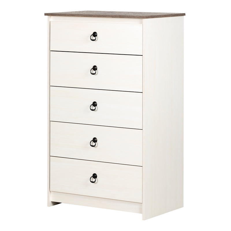 Commode 5 tiroirs Plenny - Blanc antique et Chêne vieilli