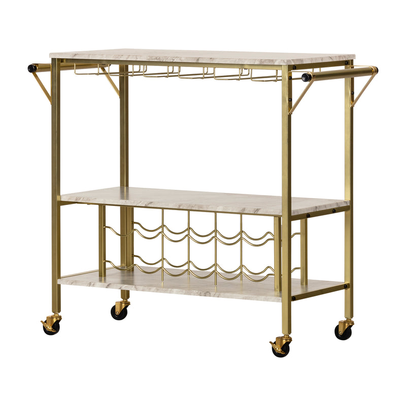 Bar Cart with Wine Bottle Storage and Wine Glass Rack  Maliza Faux Marble and Gold 12804