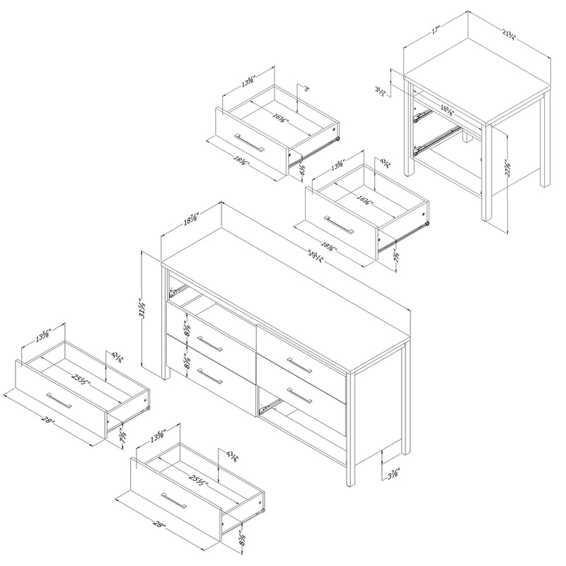 Ensemble bureau double 6 tiroirs et table de chevet Gravity - Érable cendré