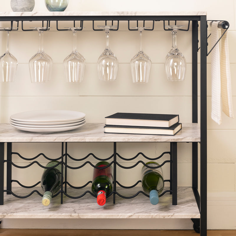 Bar Cart with Wine Bottle Storage and Wine Glass Rack  Maliza Faux Marble and Black 12805