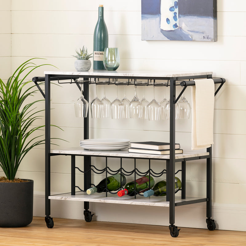 Bar Cart with Wine Bottle Storage and Wine Glass Rack  Maliza Faux Marble and Black 12805
