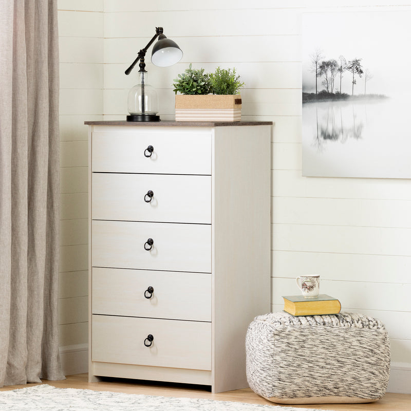 Commode 5 tiroirs Plenny - Blanc antique et Chêne vieilli