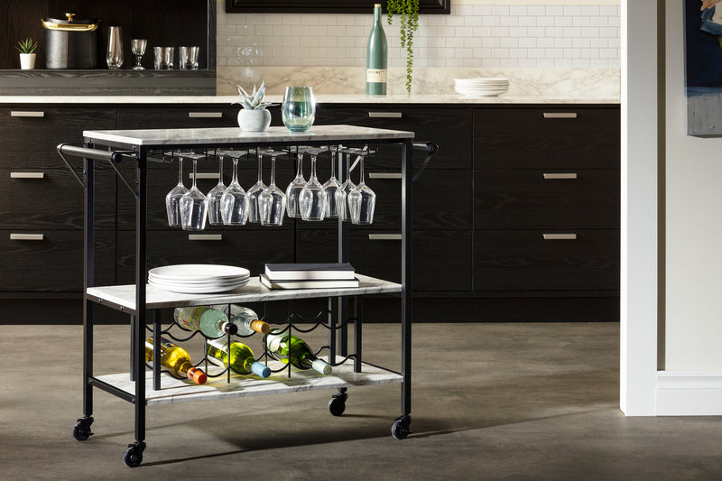 Bar Cart with Wine Bottle Storage and Wine Glass Rack  Maliza Faux Marble and Black 12805