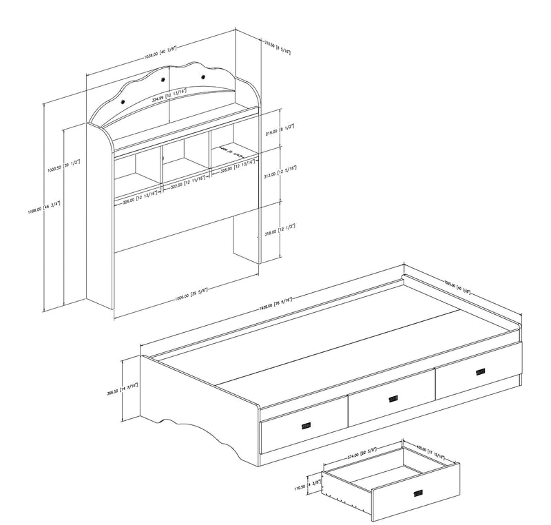 Ensemble lit matelot avec tête de lit bibliothèque 39" Tiara - Blanc solide