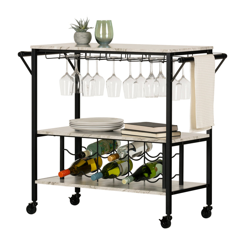 Bar Cart with Wine Bottle Storage and Wine Glass Rack  Maliza Faux Marble and Black 12805