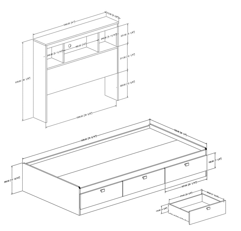 Ensemble lit matelot et tête de lit bibliothèque simple 39" Spark - Noir solide