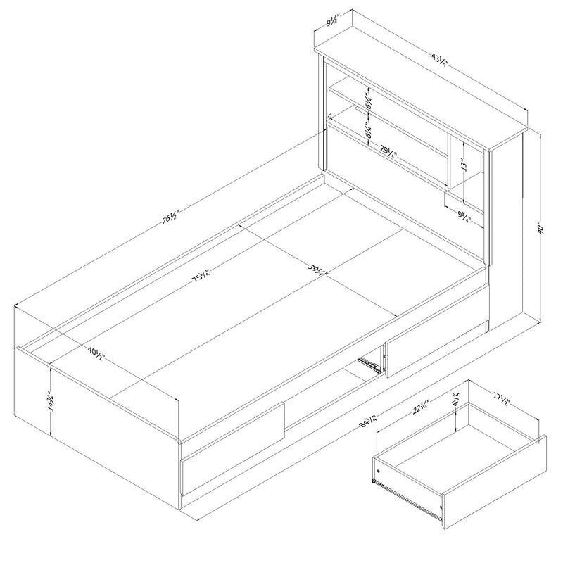 Ensemble lit matelot avec tête de lit bibliothèque 39" Vito-Gris clair