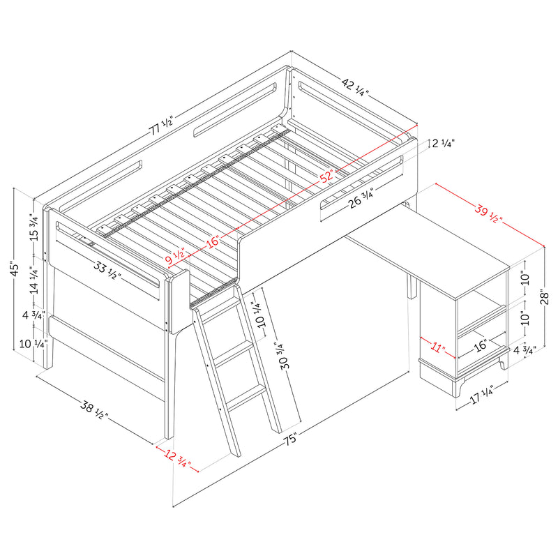 Lit mezzanine avec bureau simple 39" Bebble-Blanc et Naturel