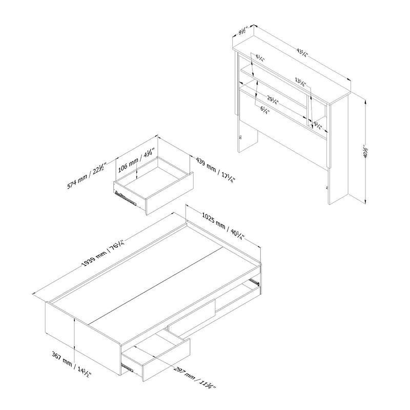 Mates Bed With Bookcase Headboard Set Simple 39'' Vito Pure White 