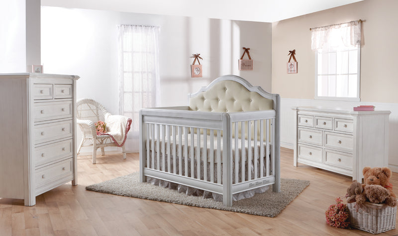 Crib and Double Dresser Cristallo Vintage White with Cream Fabric Pannel